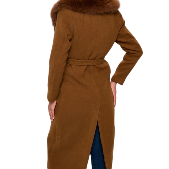 Women's CAMEL Long Trench Coat faux Fur Collar NWT - (#0074) - Picture 3 of 3